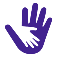 White hand overlapping an purple hand symbolizing helping